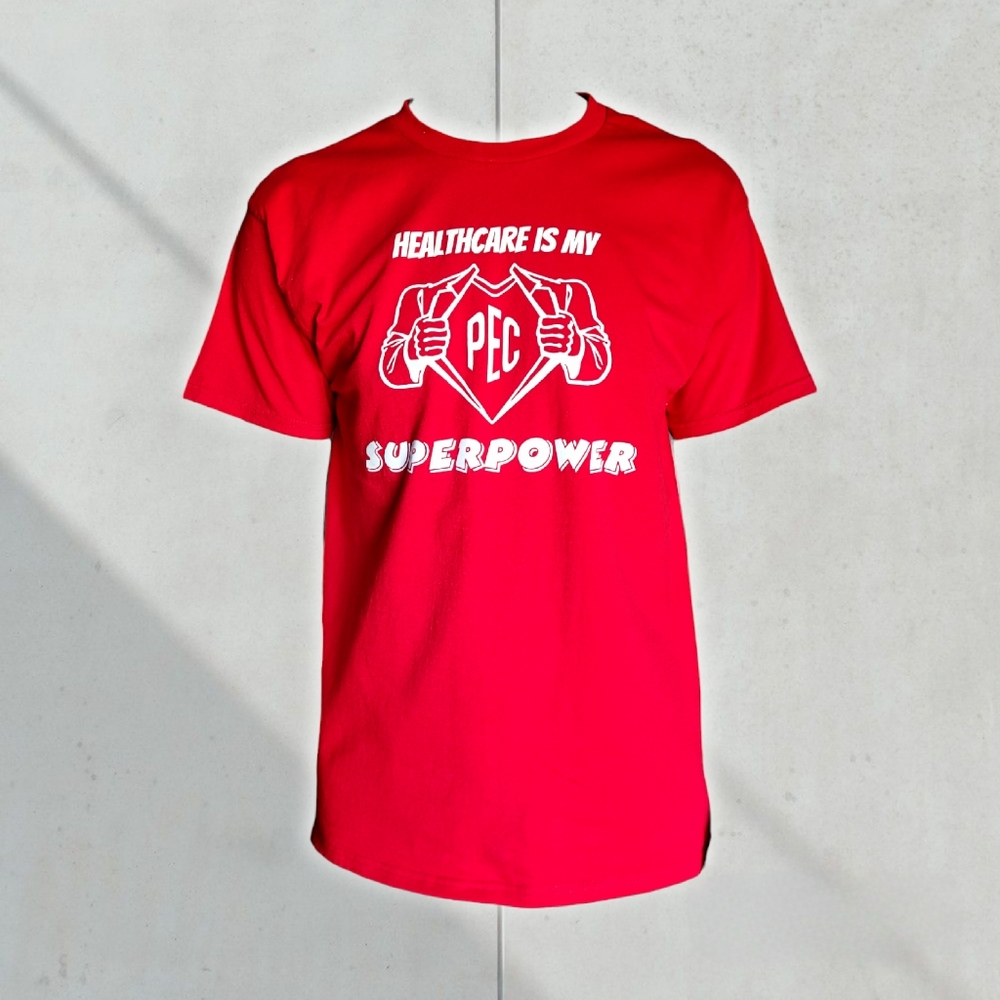 NWOT Custom Ink Men's Healthcare Is My Superpower PEC Red T-Shirt Size Medium
